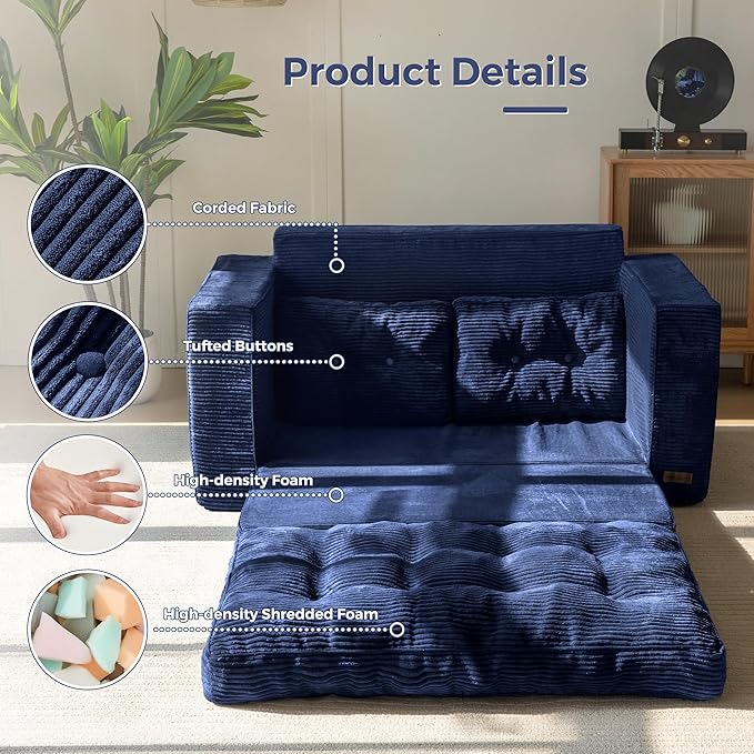 MAXYOYO Convertible Sofa Bed, Pull Out Loveseat Sleeper Sofa, Folding Couch Bed with Pillows for Living Room, Navy