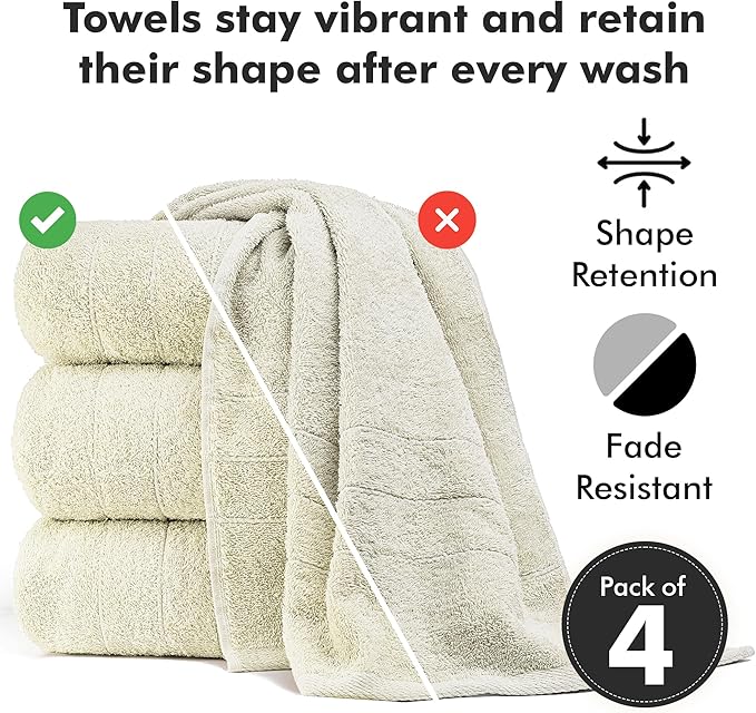 Bath Towels Set of 4 – 100% Cotton Ivory Extra Large Towels for Bathroom, Spa Use (55x28 in) – Super Soft and Quick Dry Large Bath Sheets for Adults