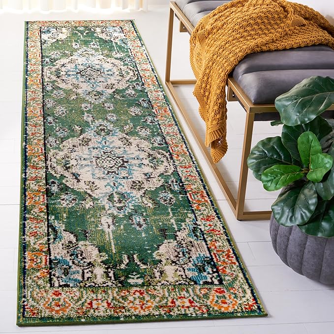 SAFAVIEH Monaco Collection Runner Rug - 2'2" x 22', Forest Green & Light Blue, Non-Shedding & Easy to Clean, Distressed Medallion Design, Ideal for Hallway, Foyer, Entryway, Kitchen, Bedroom (MNC243F)