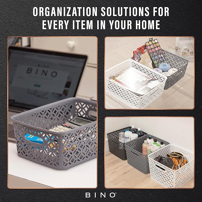 BINO l Plastic Storage Baskets, Large - Black | THE BLOSSOM COLLECTION l Multi-Use Organizer Bin l Built-in Handles l Plastic Woven Basket for Organizing l Pantry & Home Organizing Basket
