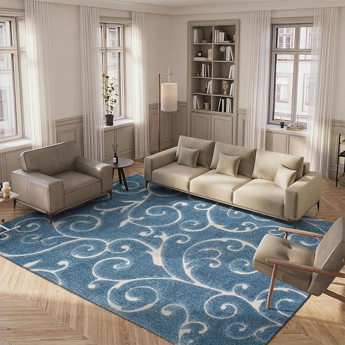 SAFAVIEH Area Rug 8x10 - Florida Shag Collection - Large - Light Blue & Cream, Scroll Design, Non-Shedding & Easy to Clean, High-Low Plush Pile, Ideal for Living Room, Bedroom, Dining (SG455-6011)