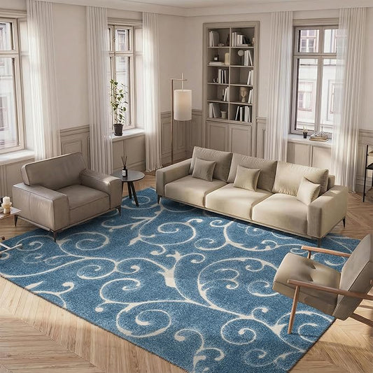 SAFAVIEH Area Rug 8x10 - Florida Shag Collection - Large - Light Blue & Cream, Scroll Design, Non-Shedding & Easy to Clean, High-Low Plush Pile, Ideal for Living Room, Bedroom, Dining (SG455-6011)