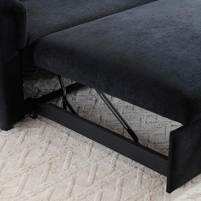 Sofa Bed, Pull Out Couch with Side Pockets, 3 in 1 Velvet Loveseat Sleeper Sofas Beds with USB Ports, Sofa Bed Couch with Adjustable Backrest for Living Room, Bedroom, Apartment, Black Blue