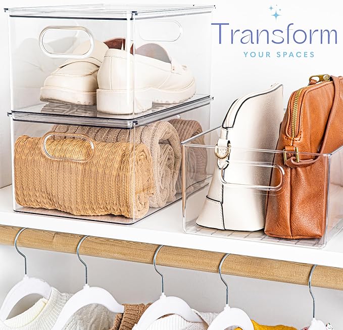 Plastic Clear Stackable Storage Bins with Lids. Great for Pantry or Kitchen Organization. Fridge Organization Containers. Cabinet, Bathroom Organizer. 4 Pack