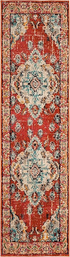 SAFAVIEH Monaco Collection Runner Rug - 2'2" x 16', Orange & Light Blue, Non-Shedding & Easy to Clean, Distressed Medallion Design, Ideal for Hallway, Foyer, Entryway, Kitchen, Bedroom (MNC243H)