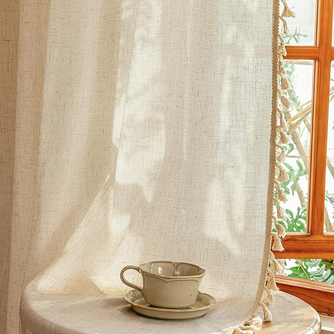 MYSKY HOME Living Room Curtains 90 Inch Length with Macrame，Semi Sheer Curtains Boho Farmhouse Decor Light Filtering Privacy Protect for Sliding Glass Patio Doorways,50" x 90",Linen，2 Panels