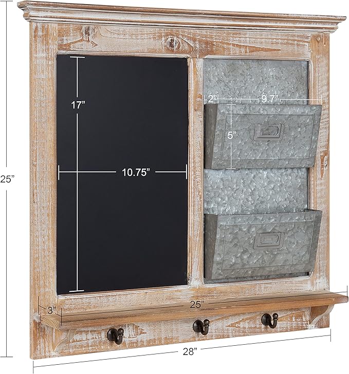 Kate and Laurel Idamae Farmhouse Wood Wall Organizer with Hooks; 28 x 25; White; Decorative Rustic Wall Organizer with Mail Holder; Chalkboard; and Three Key Holder Hooks