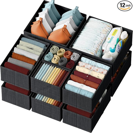Drawer Organizer Clothes Set of 12 Black - Dresser Organizer For Nursery, Bedroom, Closet - Perfect Baby Clothes Organizer and Storage & General Nursery Organization or Dresser Drawer Organizers