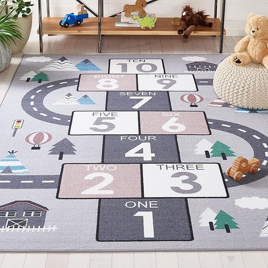 SAFAVIEH Washable Rug Kids Playhouse Collection - 5'5" x 7'7", Grey & Pink, Slip Resistant & Easy to Clean, Ideal for Kids Room, Playroom, Nursery, Boys & Girls Room (KPH226A)