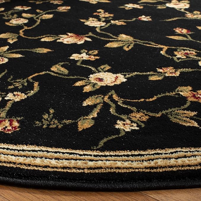 SAFAVIEH Lyndhurst Collection Area Rug - 8' Round, Black, Traditional Floral Design, Non-Shedding & Easy Care, Ideal for High Traffic Areas in Living Room, Bedroom (LNH220A)