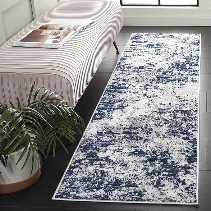 SAFAVIEH Amelia Collection Runner - 2'2" x 8', Ivory & Navy, Modern Abstract Design, Non-Shedding & Easy Care, Ideal for The Living Room, Dining, Bedroom (ALA705A)