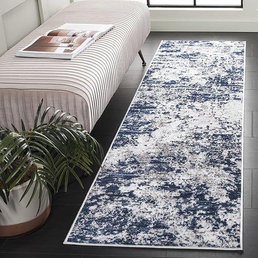 SAFAVIEH Amelia Collection Runner - 2'2" x 8', Ivory & Navy, Modern Abstract Design, Non-Shedding & Easy Care, Ideal for The Living Room, Dining, Bedroom (ALA705A)