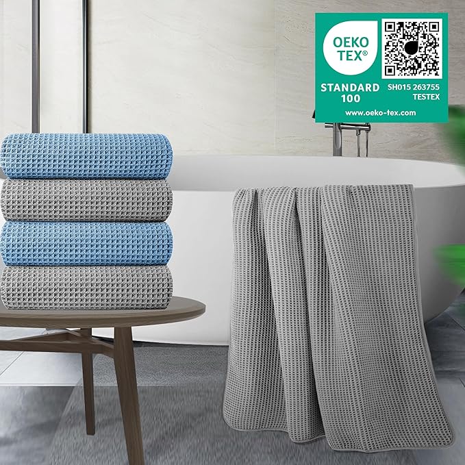 430 GSM Polyester Polyamide Microfiber Oversize Quick Dry Lint Free Bath Towel, 60 x 30 in, 4 Pack (Waffle Weave)