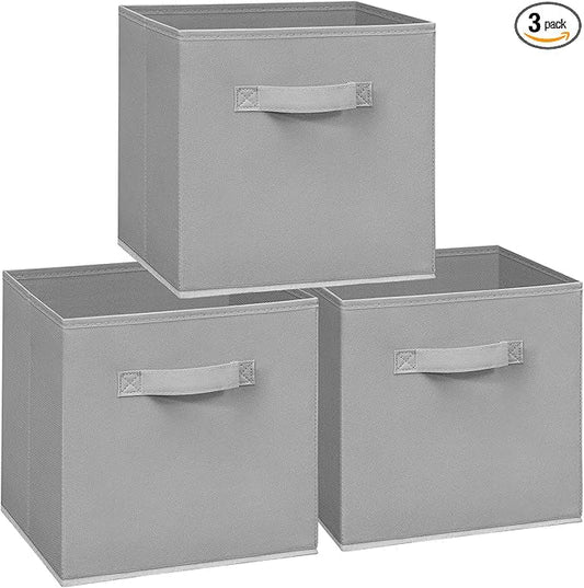 11x11 Storage Bins, Set of 3 Storage Cubes, Collapsible Cube Storage Box, Fabric Closet Organizers with Handles for Home, Office, Closet Shelf Cabinet, Bookcase, Grey