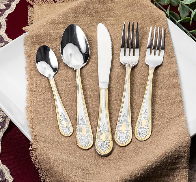 5 Piece Flatware Set - Service for 1-18/10 Stainless Steel Silverware - Vintage Design Handle with Gold Detailing - Dishwasher Safe - Durable Cutlery - First Apartment Essentials (Lucca)