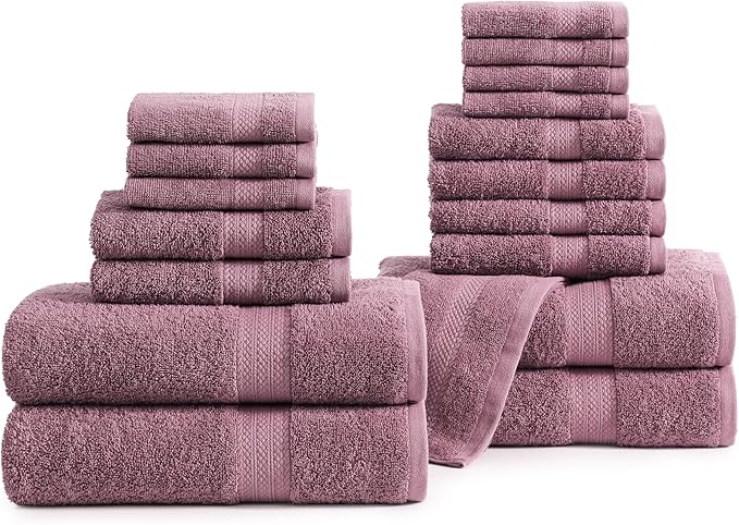 LANE LINEN 100% Cotton Towels for Bathroom - 18 Piece - Softer & Highly Absorbent - 4 Bath, 8 Wash Cloth, 6 Hand Towels - Perfect Family Set, Hotel Quality, Gentle on Skin - Wistful Mauve