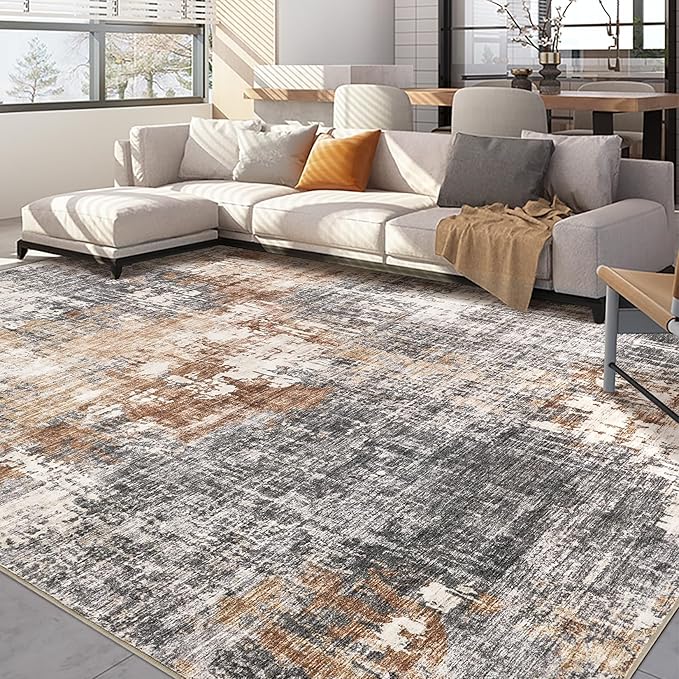 Area Rug Living Room Rugs - 10x13 Washable Large Soft Indoor Neutral Modern Abstract Low Pile Rug Carpet for Bedroom Dining Room Farmhouse Home Office - Grey Brown