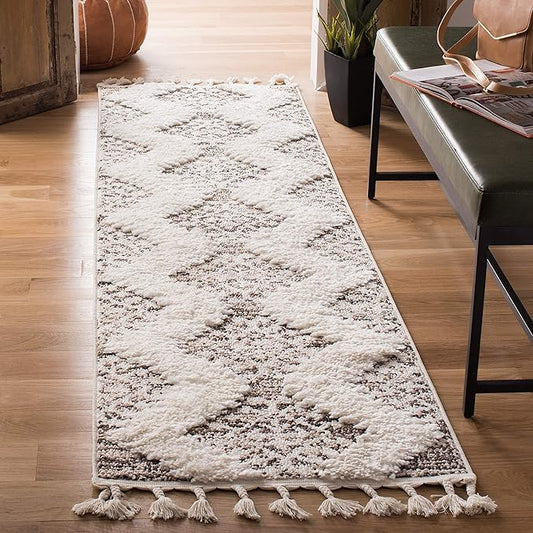 SAFAVIEH Moroccan Tassel Shag Collection Runner Rug - 2'3" x 6', Ivory & Brown, Boho Design, Non-Shedding & Easy Care, 2-inch Thick Ideal for High Traffic Areas in Living Room, Bedroom (MTS652A)