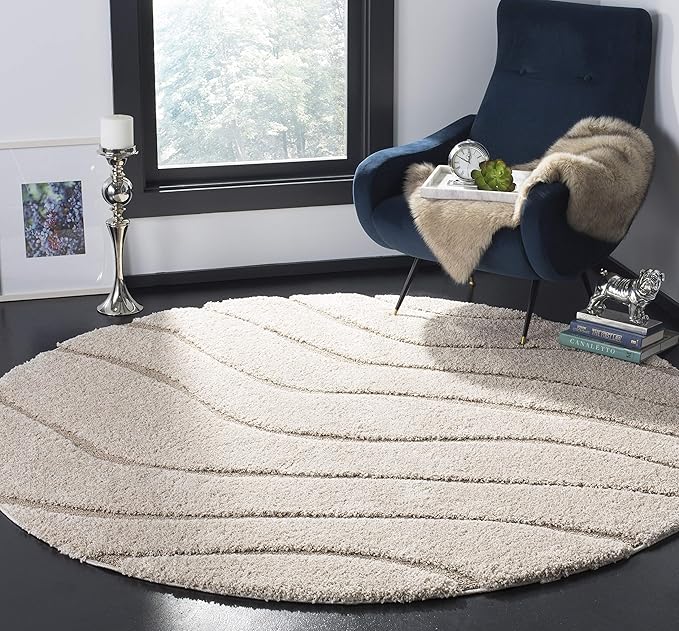 SAFAVIEH Florida Shag Collection Area Rug - 4' Round, Cream & Beige, Non-Shedding & Easy Care, 1.2-inch Thick Ideal for High Traffic Areas in Living Room, Bedroom (SG472-1113)
