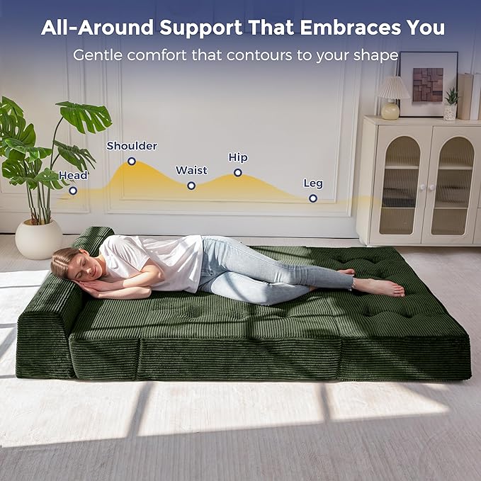 MAXYOYO 8" Folding Sofa Bed, Convertible Sleeper Sofa Lounger Foldable Mattress, Wedge Shape Floor Couch Tufted Fold Out Chair Bed Comfy Floor Couch Lounge for Living Room, Loveseat, Dark Green