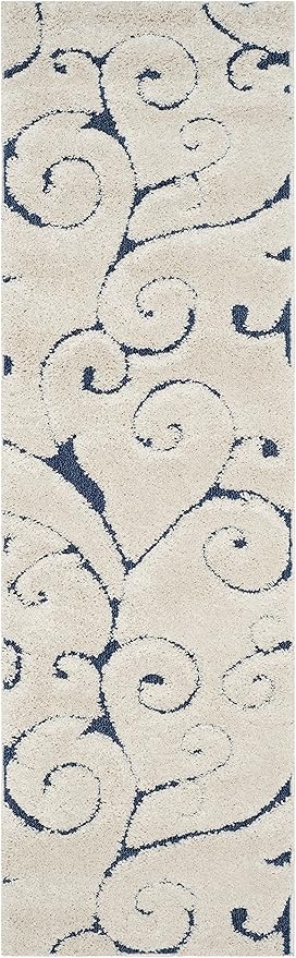 SAFAVIEH Florida Shag Collection Runner Rug - 2'3" x 7', Cream & Blue, Scroll Design, Non-Shedding & Easy to Clean, High-Low Plush Pile, Ideal for Bedroom, Foyer, Hallway (SG455-1165)