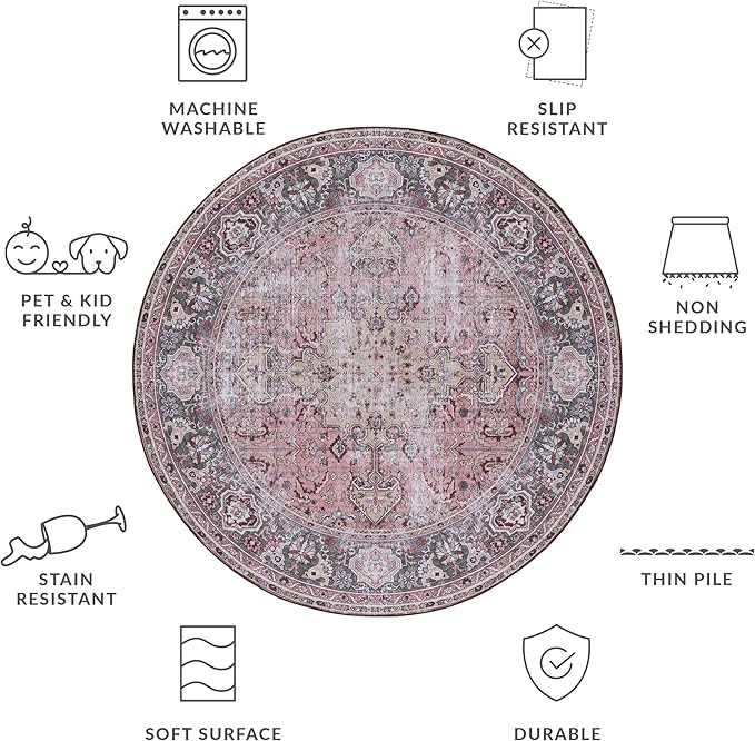 SAFAVIEH Washable Rug Tucson Collection - 6' Round, Pink & Beige, Slip Resistant & Easy to Clean, Ideal for Living Room, Bedroom, Dining Space (TSN144U)