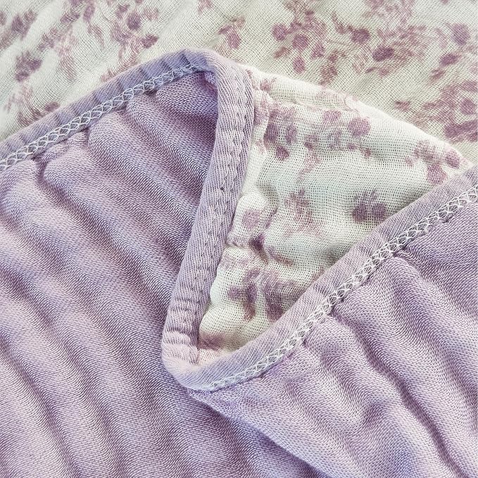 Muslin Blankets for Adults 100% Cotton 6-Layer Gauze Queen Size Floral Bed Blanket Lightweight Soft Breathable Quilt for All Season Both Sides for Couch Sofa Bed (Floral Purple-a, Queen 90" X 90")