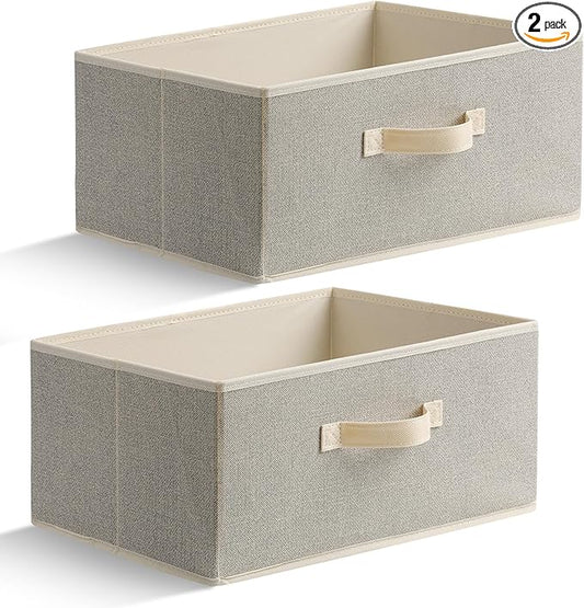 15.7 Inch Storage Baskets, Woven Fabric Bins, Storage Cubes with Reinforced Handles, Organizer Bins for Closet Shelves, Foldable, for Clothes (Beige, 2PCS/15.7*11*7.8inch)