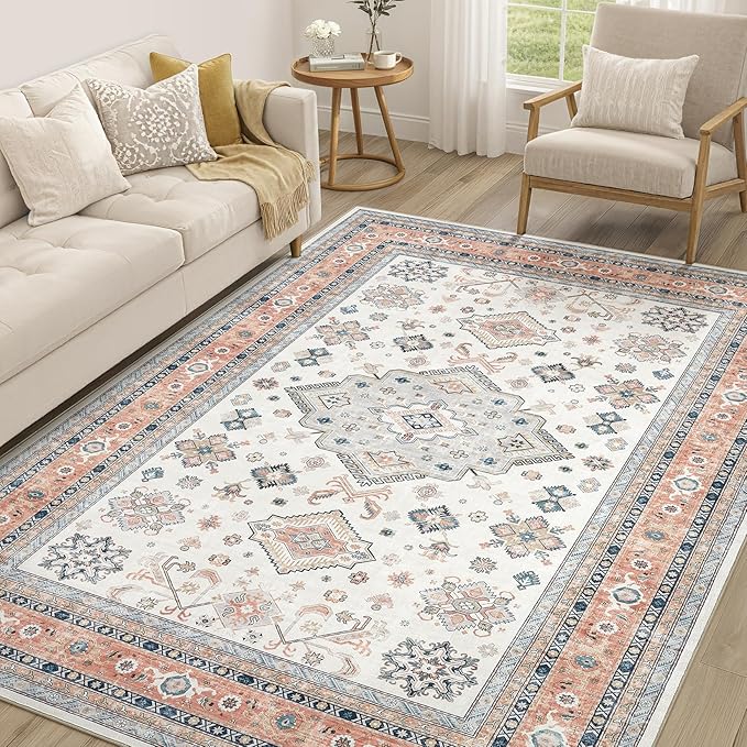 Vintage Living Room Area Rug 6x9 - Large Soft Washable Oriental Traditional Distressed Farmhouse Rugs for Bedroom - Indoor Floor Accent Carpet for Home Office House Decor - Coral Pink