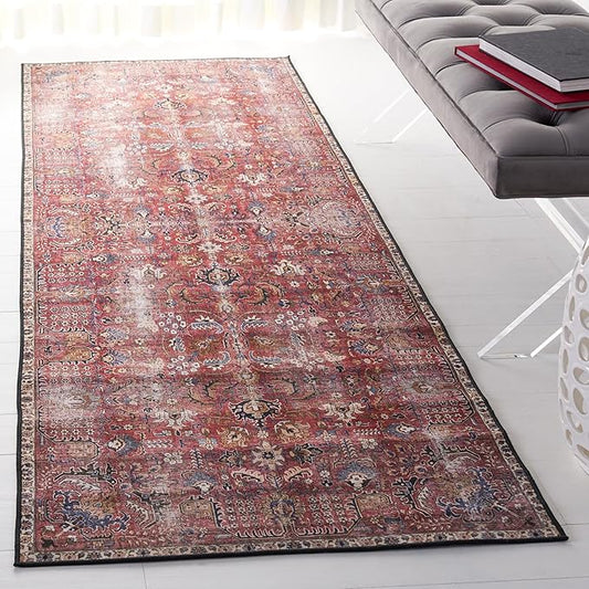 SAFAVIEH Washable Rug Tucson Collection - 2'6" x 6' Runner, Red & Beige, Slip Resistant & Easy to Clean, Ideal for Hallway, Foyer, Entryway, Bedroom (TSN174Q)