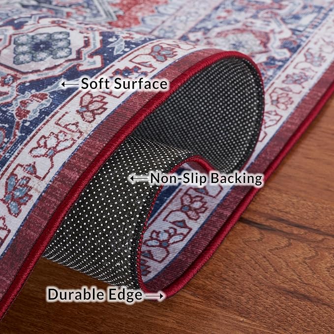 SAFAVIEH Washable Rug Tucson Collection - 8' x 10', Red & Navy, Slip Resistant & Easy to Clean, Ideal for Living Room, Bedroom, Dining Space (TSN101S)