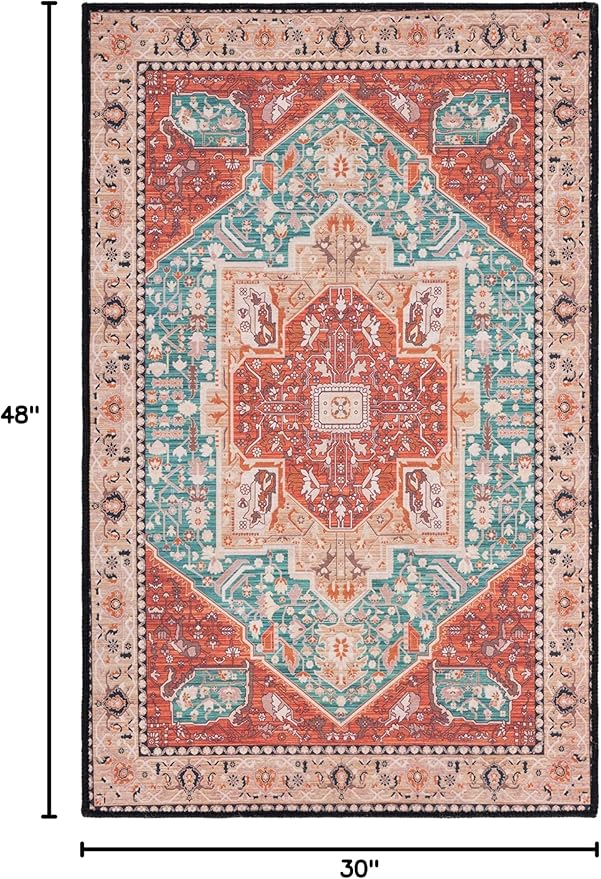 SAFAVIEH Washable Rug Tucson Collection - 2'6" x 4', Aqua & Rust, Slip Resistant & Easy to Clean, Ideal for Living Room, Bedroom, Dining Space (TSN150J)