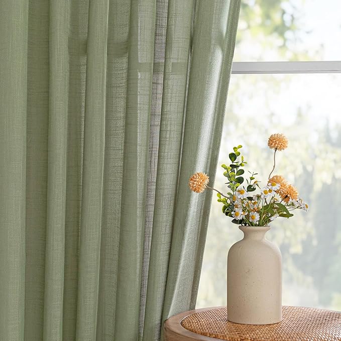 MYSKY HOME Sage Green Sheer Curtains 63 inch Length Semi Sheer Curtains for Bedroom Light Filtering Short Window Treatment Privacy Protect Boho Farmhouse Soft Drapes Set, Back Tab, 50" Wide, 2 Pieces
