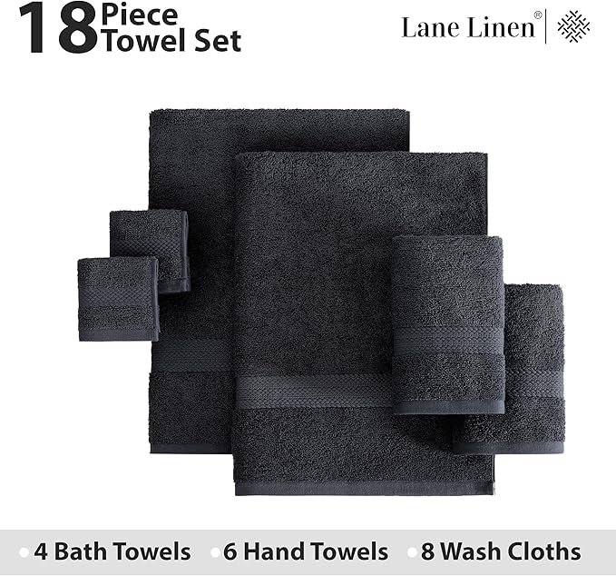 LANE LINEN 100% Cotton Black Towel Set for Bathroom - 18 Piece - Super Soft, Hotel Quality - 4 Bath, 8 Wash Cloths, 6 Hand Towels for Bathroom - Classic, Gentle on Skin, Ideal for Spa & Daily Use