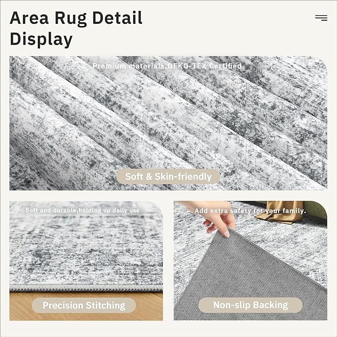 2x4 Washable Rugs for Kitchen, Floor, Entryway, Powder Room Small Area Rug Non-Slip Vintage Low Pile Throw Door Mat Grey
