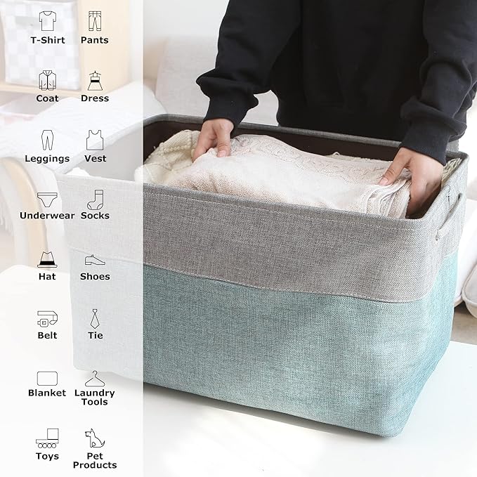 Sea Team 3-Pack Extra Large Storage Basket Set, Trunk Organizer, Clothes Toys Bin, 22 x 15 x 13 Inches, Rectangular Canvas Fabric Collapsible Shelf Box with Handles for Kids Room (Grey/Beige)