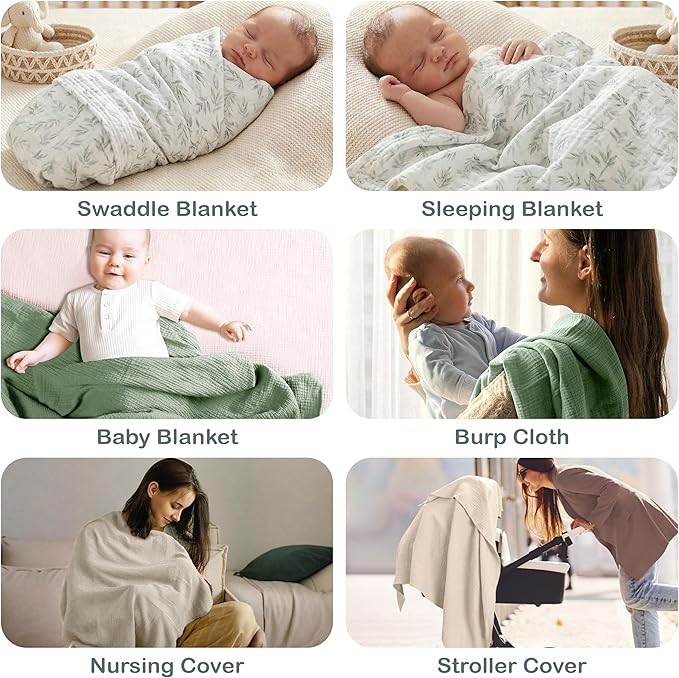 Organic Cotton Muslin Baby Blanket - 47x47 Inch Breathable Swaddle, Hypoallergenic Double-Layer, Versatile Use (Green/Ivory/Floral, 38x40 Inch)