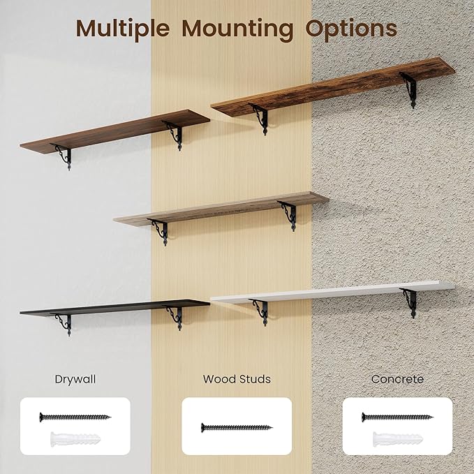 RICHFOCUS Floating Shelves for Wall Decor, 47.3W x 8D Shelves Set of 2, 8 Inch Deep Rustic Wood Shelves Wall Mounted with Brackets, Long Floating Shelves for Living Room Bedroom Kitchen, White