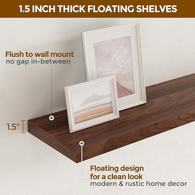 Fun Memories Floating Shelves for Wall, 36 x 9.3 Large Floating Shelf Wall Mounted Set of 2, Rustic Wood Shelves for Bathroom, Kitchen, Living, Heavy-Duty Storage Deep Shelf for Books, Decor, Walnut
