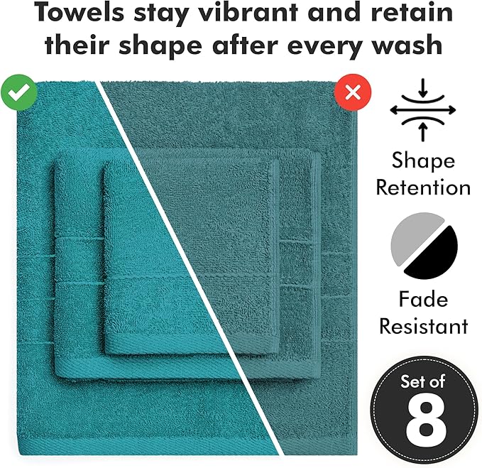 Bath Towels Set of 8 – 100% Cotton (Teal) Bathroom Towel Set Bale Includes 2 Bath, 2 Hand, 4 Face Towels – Soft, Absorbent & Quick Dry Towel for Bathroom, Spa, Kitchen, Hotel Use