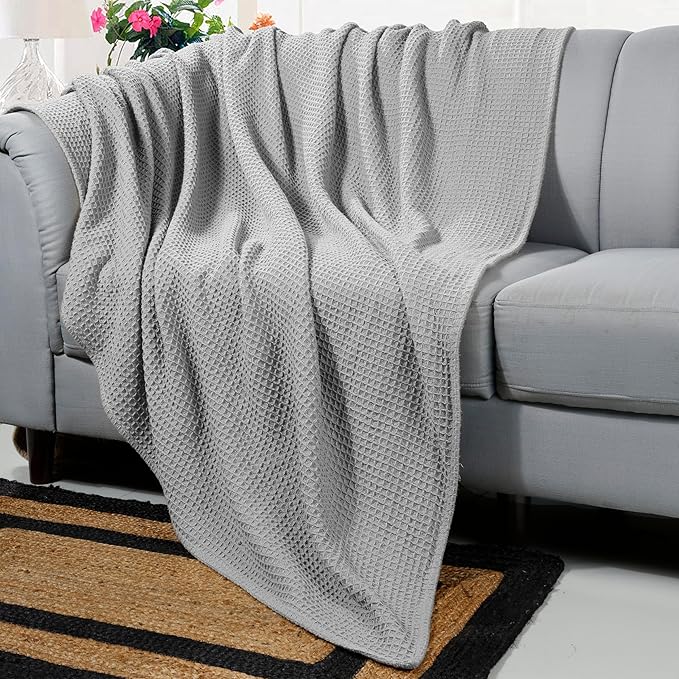 Bed & Bath Home Premium 100% Cotton Waffle Weave Blanket Queen Size – Soft Breathable Lightweight Comfort, Natural All-Season Bed Blanket, Easy-Care Bedspread for Bed & Couch (Light Grey)