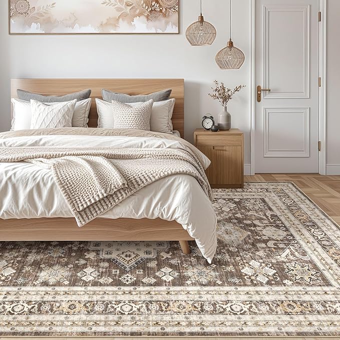Vintage Living Room Area Rug 8X11 - Large Soft Washable Oriental Traditional Distressed Farmhouse Rugs for Bedroom - Indoor Floor Accent Carpet for Home Office House Decor - Dark Brown