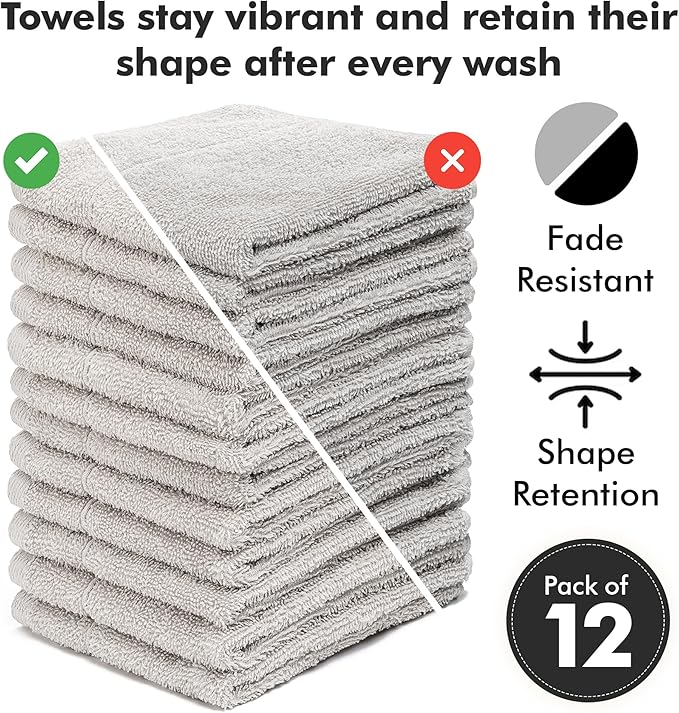 Face Towels Pack of 12 – 100% Cotton Wash Cloths (12x12 inch) – Soft, Quick Dry & Highly Absorbent Hand Towels for Bathroom, Spa, Gym, Kitchen and for Daily Use - (Light Grey)