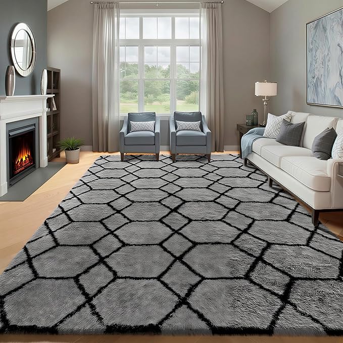 ONASAR 6x9 Area Rugs for Living Room Bedroom, Large Fluffy Grey and Black Throw Rug, Geometric Soft Plush Shaggy Fuzzy Floor Carpet for Nursery Kids Girls Boys Teen Dorm Home Office Decor Aesthetic