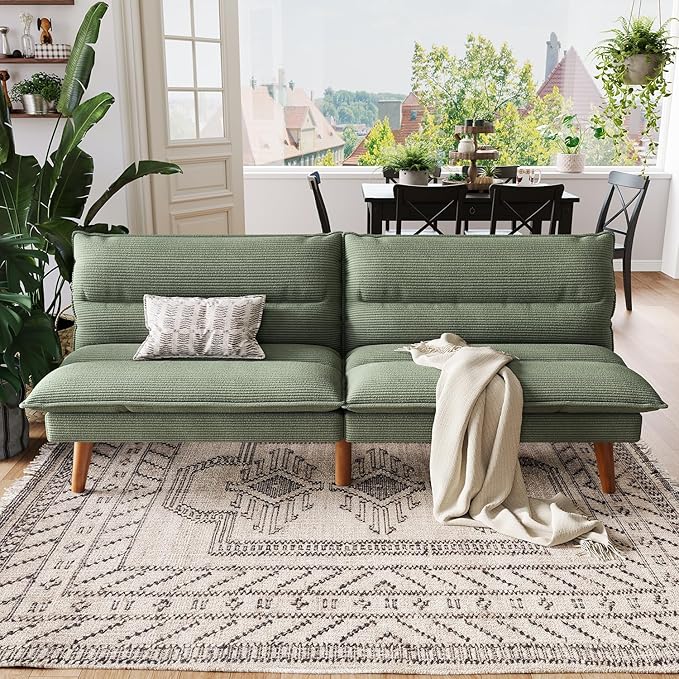 LINSY HOME Futon Sofa Bed - Convertible Corduroy Futon Couch Bed with Adjustable Backrest, Modern Small Loveseat Sleeper Sofa for Small Spaces, Living Room, Apartment or Office (Green)
