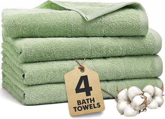 Bath Towels Set of 4 – 100% Cotton Light Green Extra Large Towels for Bathroom, Spa Use (55x28 in) – Super Soft and Quick Dry Large Bath Sheets for Adults