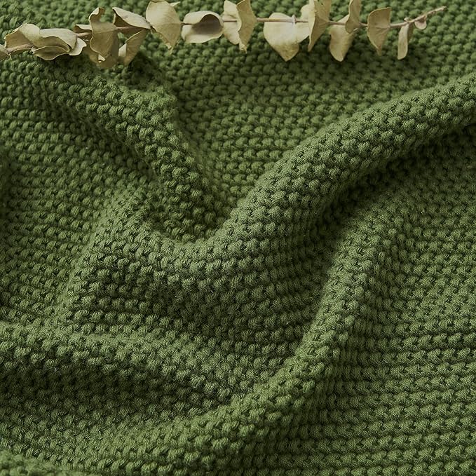 Longhui bedding Olive Green Cotton Cable Knit Throw Blanket for Couch Sofa Bed, Home Decorative Lightweight Knitted Blankets with Bonus Laundering Bag, 50“ x 60”, Machine Washable