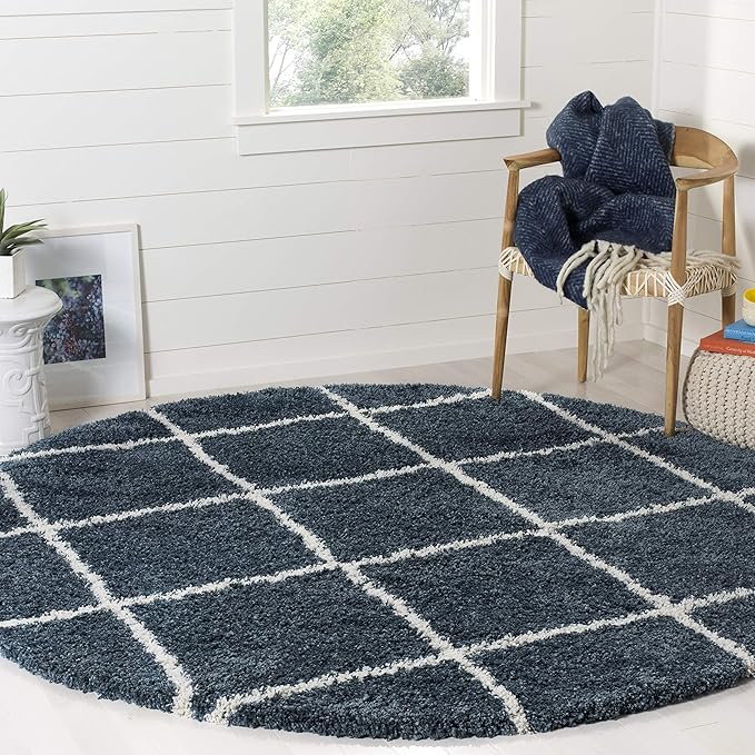 SAFAVIEH Hudson Shag Collection 3' Round Slate Blue/Ivory SGH281L Modern Diamond Trellis Non-Shedding Living Room Bedroom Dining Room Entryway Plush 2-inch Thick Area Rug