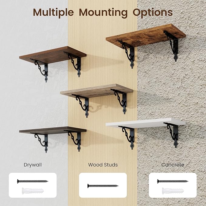 RICHFOCUS Floating Shelves for Wall Decor, 8 Inch Deep Floating Shelves Set of 2, 16W x 8D Shelves Wall Mounted with Metal Brackets, Wood Shelves for Living Room Bedroom Kitchen, Rustic Brown
