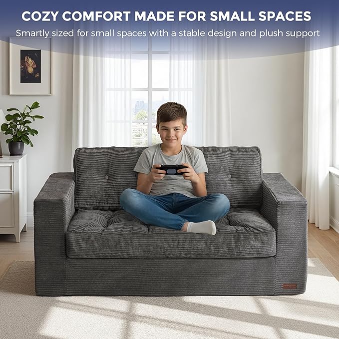 MAXYOYO Loveseat Sofa Couch, Upholstered Bean Bag Chair Cloud 2-Seat for Adults, Boneless Couch with Tufted Cushion & Pillows, Sofa in A Box, No Assembly Required, Dark Grey